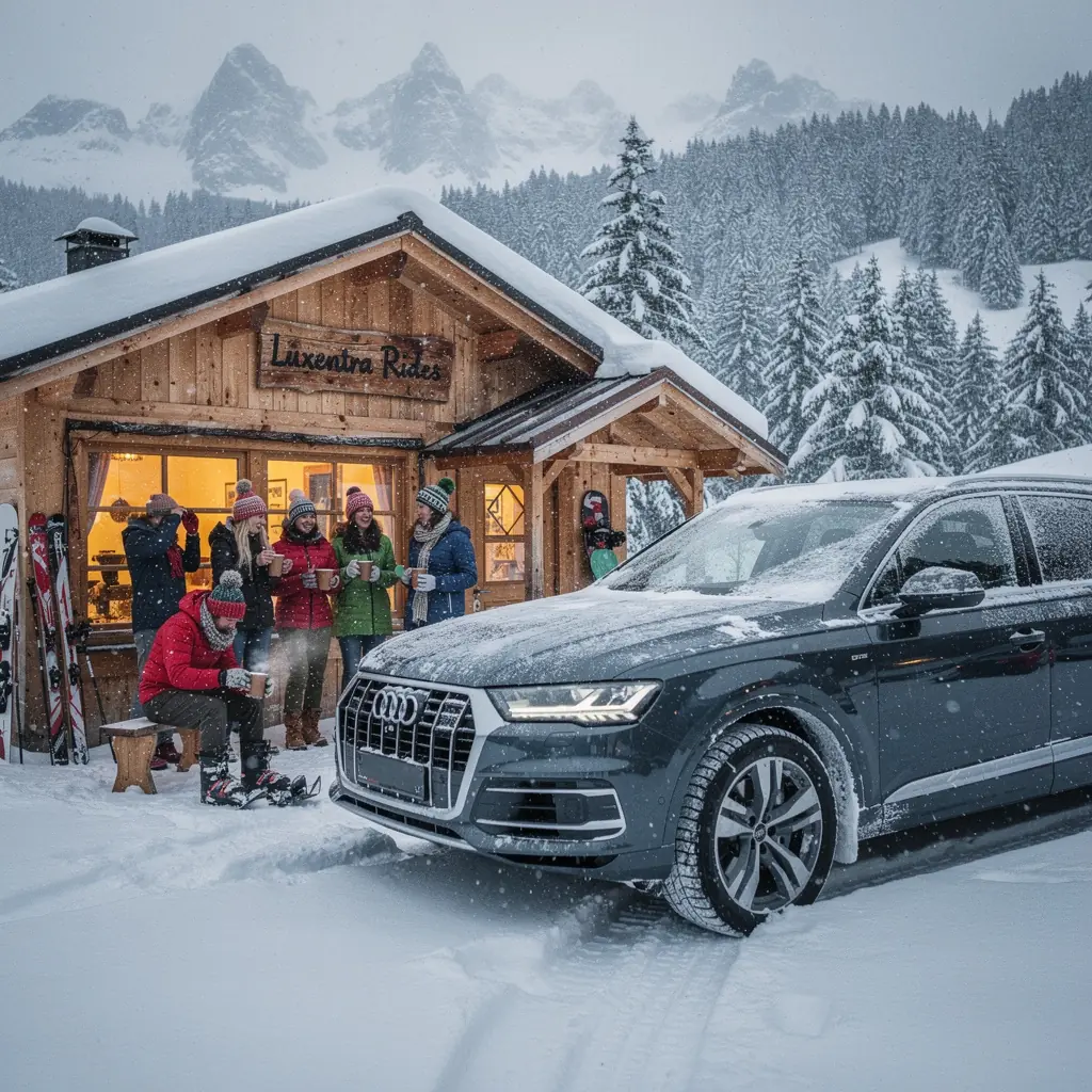 Skupina spokojných zákazníkov nastupujúcich do luxusného vozidla na výlet