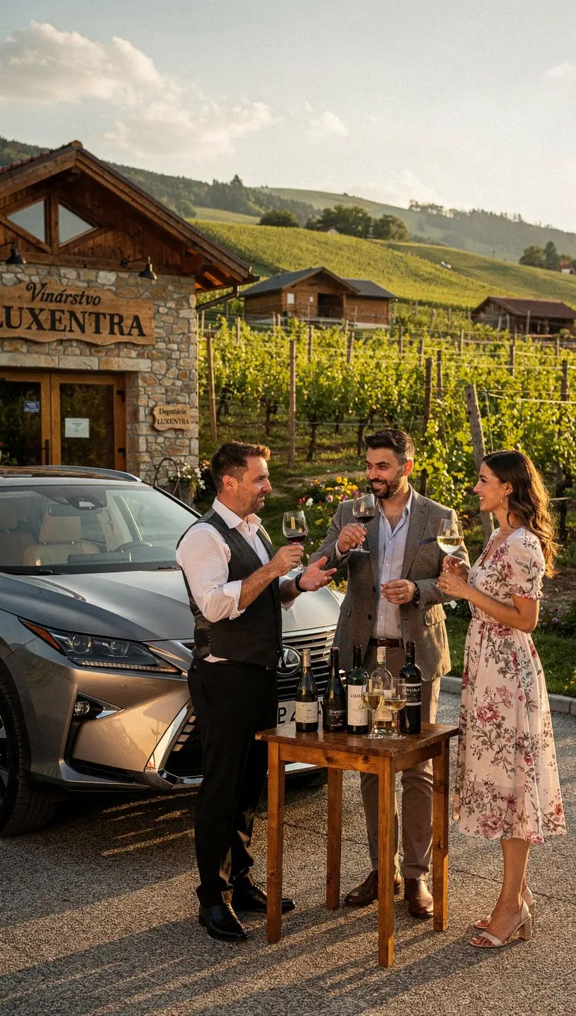 Šofér v obleku otvára dvere pre spokojného zákazníka pred kúpeľmi.